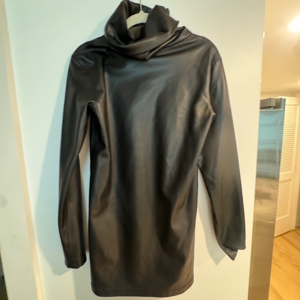 Black Faux Leather Long Sleeve Turtleneck Dress